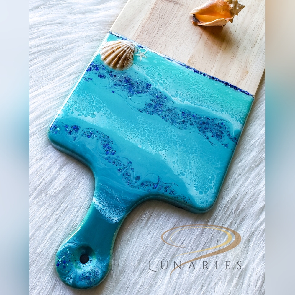 Resin Charcuterie Wooden Serving Board, Handmade Ocean Theme